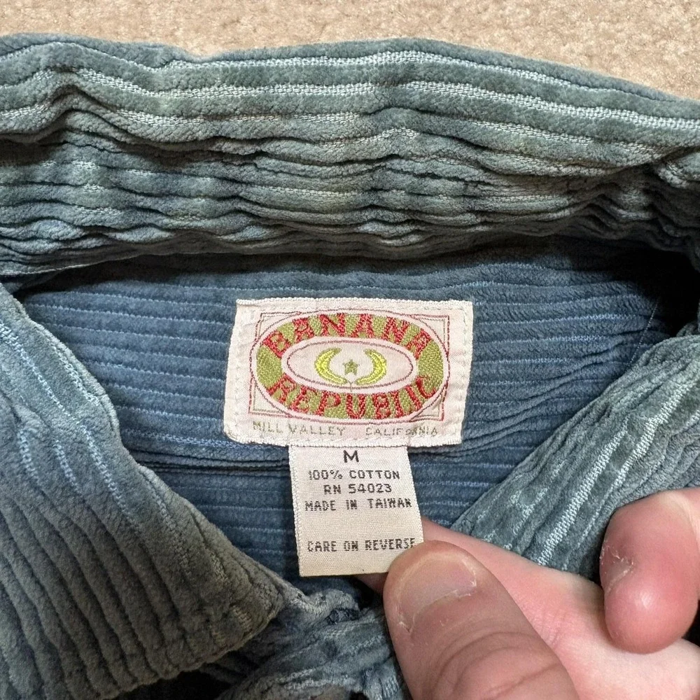 Vtg 80s Banana Republic Safari Corduroy Shirt Mens Medium Blue Suede Elbow Patch